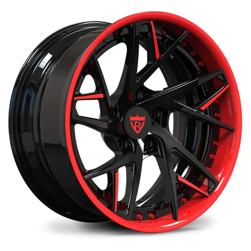 Custom forged 2-piece wheels with a black and red finish, designed for Corvette C8 and other vehicles.
